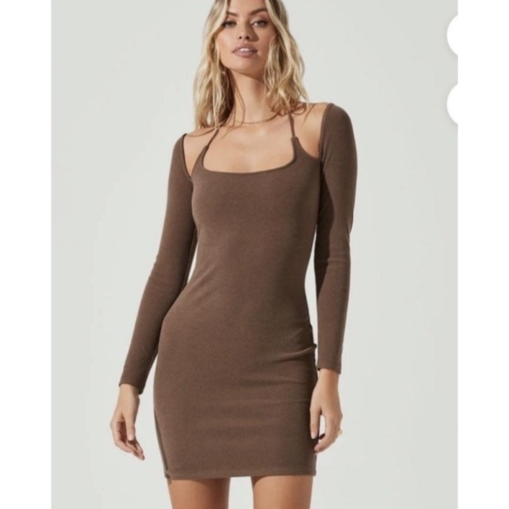 ASTR The Label Brown Halter Long Sleeve Mini Dress Ribbed Bodycon Sz Small Party